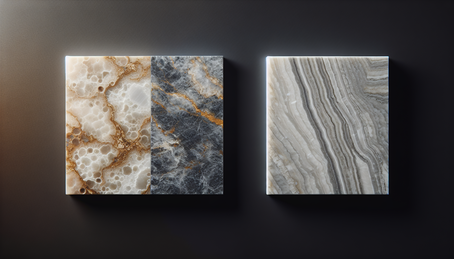 Close-up comparison of quartzite (left, natural gold and white veining) and engineered quartz (right, uniform cool grey) countertop samples