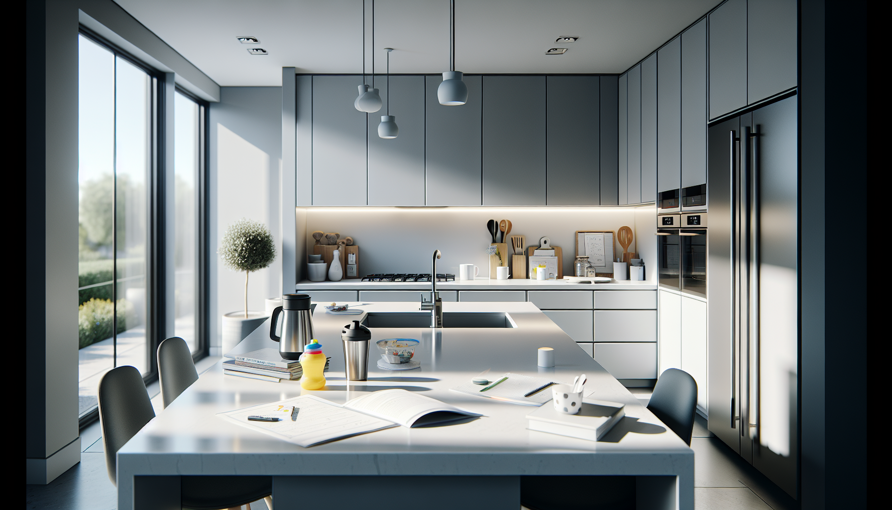 Modern family kitchen with uniform grey-white quartz countertops, minimalist cabinets and stainless appliances