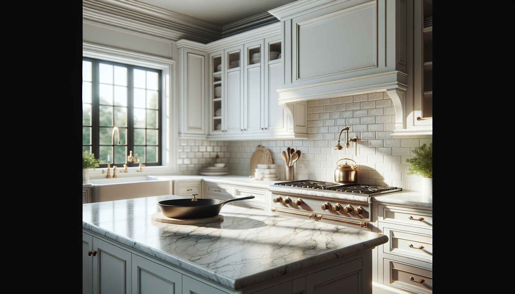 Modern luxury kitchen with natural quartzite countertops featuring gold veining, white cabinets and brass hardware