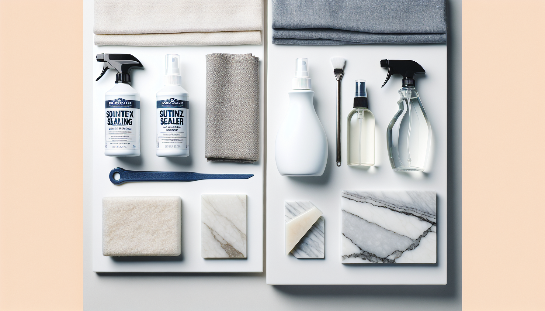 Split screen showing quartzite maintenance supplies (sealer, cloth, spray bottle) on left vs quartz maintenance (just dish soap and cloth) on right